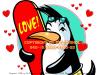 Cartoon: Surf Pingo! (small) by FeliXfromAC tagged nice,animals,tiere,tier,logos,sympathiefiguren,illustration,mascots,wallpapers,characters,characterdesign,figuren,hey,melde,dich,whimsical,felix,alias,reinhard,horst,design,line,red,love,herzen,beziehung,aachen,pinguin,perdita,pingo,penguine,greeting,card