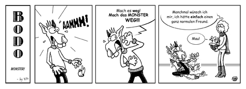 Cartoon: BODO - Monster! (medium) by volkertoons tagged volkertoons,cartoon,comic,strip,bodo,ratte,rat,katze,cat,angst,fear,phobie,phobia