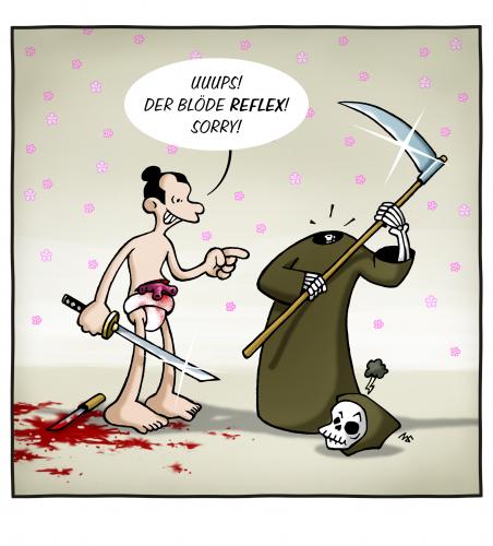 Cartoon: Harakiri Man (medium) by volkertoons tagged volkertoons,cartoon,black,humor,death,tot,samurai,selbstmord,selbsttötung,harakiri,seppuku,suicide,reflex,blood,samurai,selbstmord,selbsttötung,harakiri,seppuku,japan,schwert,knochenmann,sensensmann,tod,gevatter tod,suizid,kampf,duell,tradition,kultur,gevatter