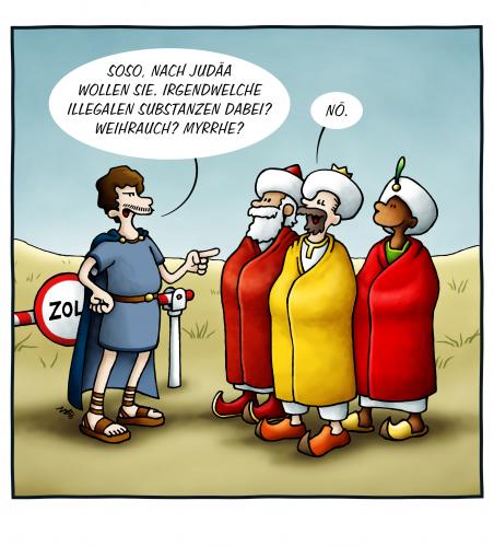 Cartoon: Illegale Substanzen (medium) by volkertoons tagged volkertoons,dornemann,cartoon,humor,bibel,bible,drei,weise,könige,three,kings,zoll,schmuggel,schmuggler,smuggle,smugglers,drogen,drugs,cartoon,illegal,bibel,drei könige,drogen,zoll,weihrauch,myrrhe,relgion,glaube,kirche,drei,könige