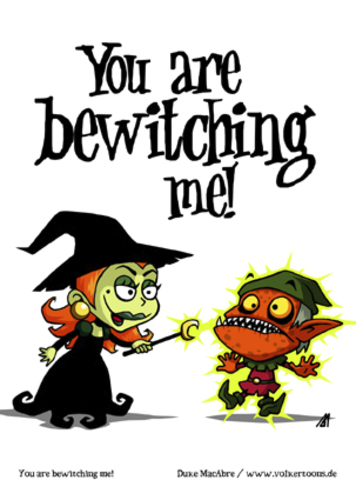Cartoon: You are bewitching me! (medium) by volkertoons tagged volkertoons,cartoon,comic,karte,grußkarte,greeting,card,hexe,witch,gnom,goblin,zauberei,sorcery,hexerei,witchcraft,verzaubern,bewitch,lustig,spaß,humor,fun,funny