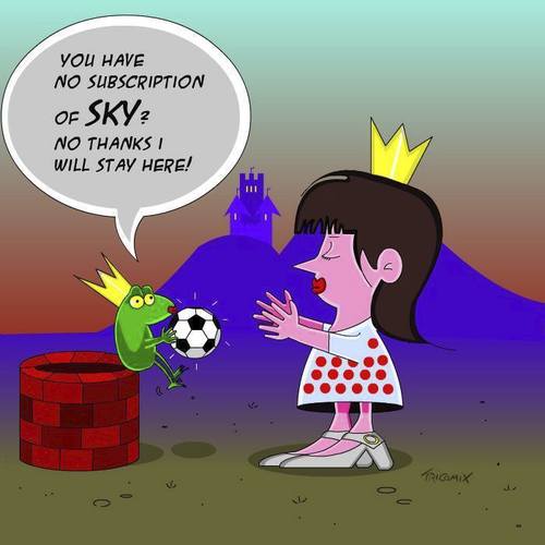Cartoon: Modern Fairy Tale (medium) by Tricomix tagged fary,tale,the,frog,prince,brothers,grimm,football,sky,princess,castle,fountain