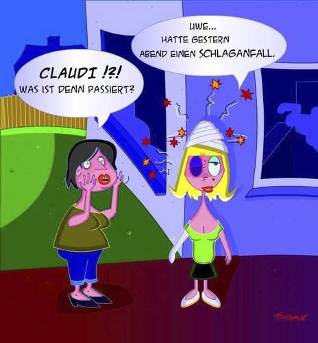 Cartoon: Schlaganfall (medium) by Tricomix tagged schlaganfall,unfall,verletzt,prügel,krankenhaus,artzt,uwe,claudi