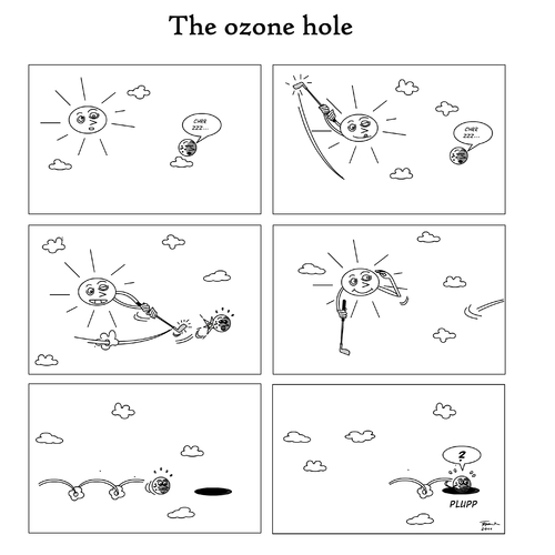 Cartoon: The ozone hole (medium) by Tricomix tagged co2,protection,environmental,umweltschutz,verschmutzung,luft,umweltverschmutzung,sonne,mond,himmel,loch,ozon,pollution,air,environment,sky,moon,sun,hole,ozone,ozone,ozon,sonne,umweltverschmutzung,umwelt,natur