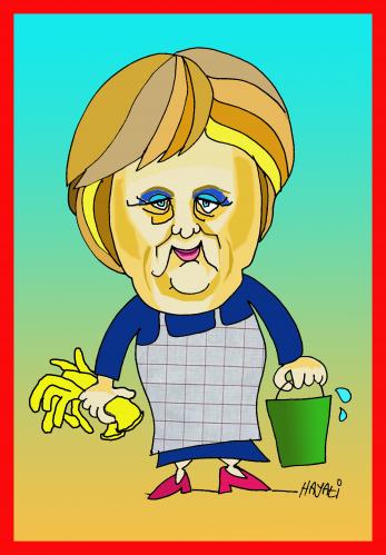 Cartoon: Angela Merkel auf der Arbeit (medium) by Hayati tagged angela,merkel,cdu,deutschland,germany,wahl,2009,politik,portrait,hausfrau,hayati,boyacioglu