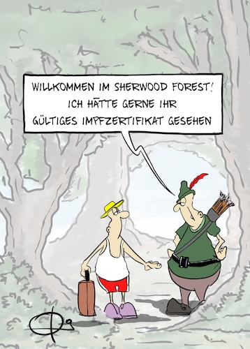 Cartoon: 20210805-SherwoodForest (medium) by Marcus Gottfried tagged corona,infektion,impfzertifikat,impfnachweis,grenze,robin,hood,sherwood,forest,urlaub,inzidenzgebiet,corona,infektion,impfzertifikat,impfnachweis,grenze,robin,hood,sherwood,forest,urlaub,inzidenzgebiet