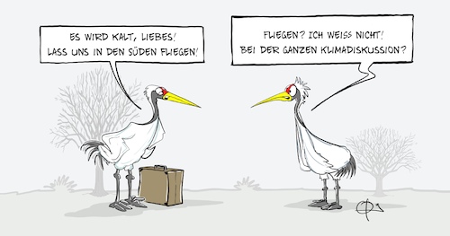 Cartoon: 20211025-InDieWaerme (medium) by Marcus Gottfried tagged klima,klimawandel,kraniche,süden,wanderung,wandervögel,klima,klimawandel,kraniche,süden,wanderung,wandervögel