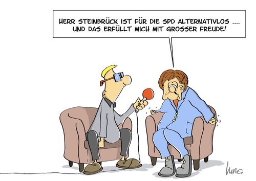 Cartoon: Alternativlos (medium) by Marcus Gottfried tagged steinbrück,alternativlos,merkel,spd,cdu,regierung,kanzler,kanzlerkandidat,finanzminister,benehmen,zitate,auftritt,angst,gegner,zuversicht,glück,freude,interview,radio,tv,fernsehen