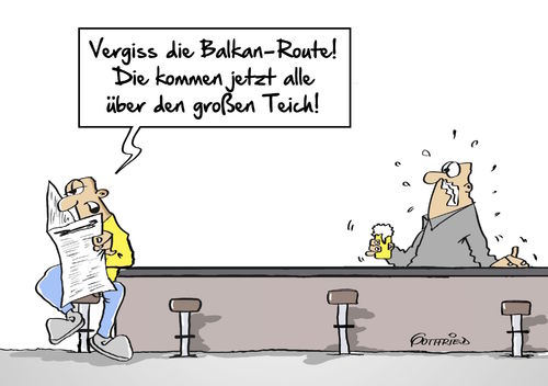 Cartoon: andere Route (medium) by Marcus Gottfried tagged flüchtlinge,balkan,route,usa,us,wahl,donald,trump,hillary,clinton,furcht,wahlprogramm,entsetzen,weg,abhauen,europa,heimat,freude,marcus,gottfried,cartoon,karikatur,flüchtlinge,balkan,route,usa,us,wahl,donald,trump,hillary,clinton,furcht,wahlprogramm,entsetzen,weg,abhauen,europa,heimat,freude,marcus,gottfried,cartoon,karikatur