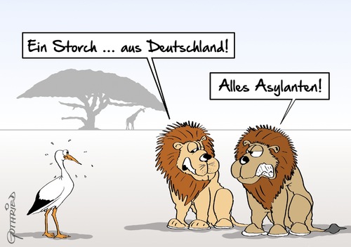 Cartoon: Asylant (medium) by Marcus Gottfried tagged asylant,flüchtling,flucht,storch,reise,wiederholung,klima,löwe,freude,marcus,gottfried,cartoon,karikatur,asylant,flüchtling,flucht,storch,reise,wiederholung,klima,löwe,freude,marcus,gottfried,cartoon,karikatur