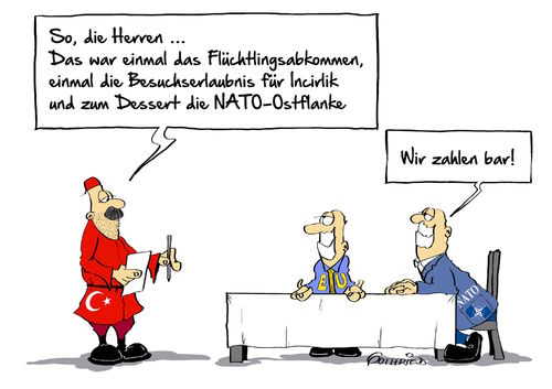 Cartoon: Barzahler (medium) by Marcus Gottfried tagged restaurant,incirlik,türkei,bundeswehr,eu,zahlen,rechnung,millionen,ober,kellner,gast,nato,europa,ostflanke,besuchsrecht,flüchtlinge,flüchtlingsabkommen,deal,zahltag,freude,marcus,gottfried,cartoon,karikatur,restaurant,incirlik,türkei,bundeswehr,eu,zahlen,rechnung,millionen,ober,kellner,gast,nato,europa,ostflanke,besuchsrecht,flüchtlinge,flüchtlingsabkommen,deal,zahltag,freude,marcus,gottfried,cartoon,karikatur