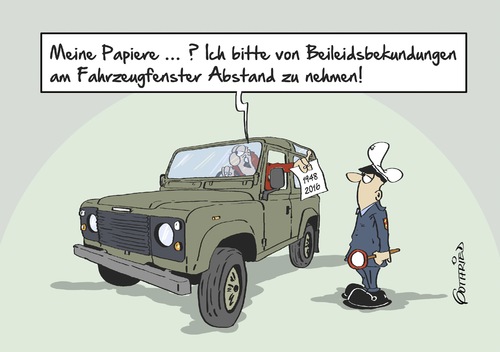 Cartoon: Beileidsbekundung (medium) by Marcus Gottfried tagged land,rover,defender,range,geländewagen,bauzeit,bau,allrad,beileid,einstellung,baustopp,serie,baureihe,england,veteran,urgestein,papiere,trauer,freude,marcus,gottfried,cartoon,karikatur,land,rover,defender,range,geländewagen,bauzeit,bau,allrad,beileid,einstellung,baustopp,serie,baureihe,england,veteran,urgestein,papiere,trauer,freude,marcus,gottfried,cartoon,karikatur