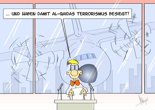 Cartoon: Besiegter Terror (medium) by Marcus Gottfried tagged terror,flugzeug,anschlag,al,qaida,sprecher,besiegt,sieg,turm,terroranschlag,terror,flugzeug,anschlag,al,qaida,sprecher,besiegt,sieg,turm,terroranschlag,911,nine,eleven,twin,towers,new,york,terrorismus