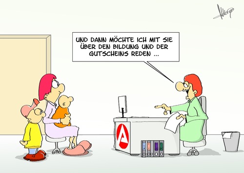 Cartoon: Bildung (medium) by Marcus Gottfried tagged arge,bildung,familie,einkommen,gutschein,kultur,unterstützung,hartz4,regelsatz,kinder,schule,freizeit,deutsch,beamter,berater