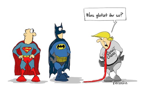 Cartoon: Captain Chaos (medium) by Marcus Gottfried tagged supermann,batman,superman,helden,held,marvel,comic,us,sousa,trump,präsident,überschätzung,selbstüberschätzung,staunen,freunde,marcus,gottfried,cartoon,karikatur,supermann,batman,superman,helden,held,marvel,comic,us,sousa,trump,präsident,überschätzung,selbstüberschätzung,staunen,freunde,marcus,gottfried,cartoon,karikatur