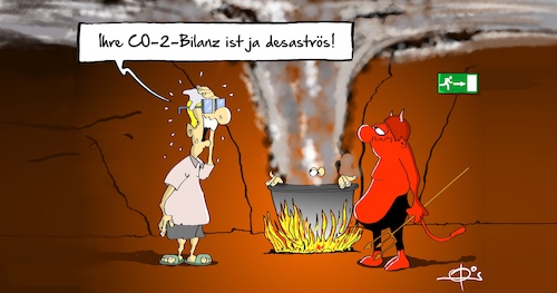 Cartoon: CO2-Bilanz (medium) by Marcus Gottfried tagged co2,umwelt,bilanz,rauch,hölle,teufel,klima,luft,co2,umwelt,bilanz,rauch,hölle,teufel,klima,luft