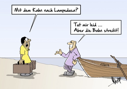 Cartoon: der Kahn (medium) by Marcus Gottfried tagged lampedusa,flüchtlinge,mittelmeer,libyen,afrika,überfahrt,boot,seenot,ertrinken,bahn,bahnstreik,gdl,lokführer,arbeit,lohn,geld,verdienst,marcus,gottfried,cartoon,karikatur,lampedusa,flüchtlinge,mittelmeer,libyen,afrika,überfahrt,boot,seenot,ertrinken,bahn,bahnstreik,gdl,lokführer,arbeit,lohn,geld,verdienst,marcus,gottfried,cartoon,karikatur