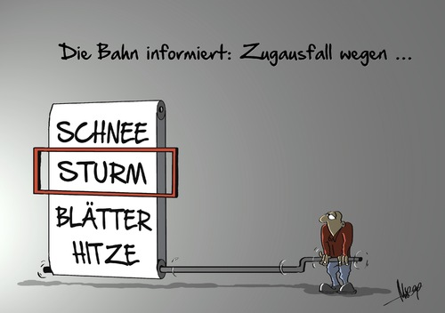 Cartoon: die Bahn informiert (medium) by Marcus Gottfried tagged bahn,bundesbahn,informationen,sturm,verspätung,zugverbindung,eisenbahn,fahrplan,wind,herbst,blätter,schnee,eis,schwelle,orkan,zugverkehr,reisen,bahnreisen,marcus,gottfried,cartoon,karikatur,bahn,bundesbahn,informationen,sturm,verspätung,zugverbindung,eisenbahn,fahrplan,wind,herbst,blätter,schnee,eis,schwelle,orkan,zugverkehr,reisen,bahnreisen,marcus,gottfried,cartoon,karikatur