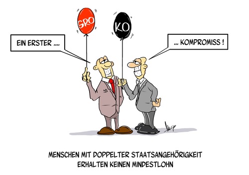 Cartoon: Erster Kompromiss (medium) by Marcus Gottfried tagged koalitionsverhandlung,cdu,csu,spd,kompromiss,grosse,koalition,partei,regierung,berlin,bundestag,parlament,luft,luftballon,freude,party,ergebnis,menschen,doppelt,staatsangehörigkeit,staat,mindestlohn,geld,lohn,entlohnung,hartz