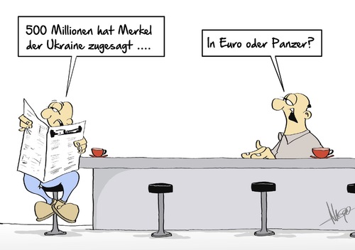 Cartoon: Euro oder Panzer (medium) by Marcus Gottfried tagged ukraine,russland,entwicklungshilfe,hilfe,zusage,unterstützung,millionen,steuergeld,merkel,berlin,deutschland,abgabe,euro,panzer,militär,export,rüstung,rüstungsindustrie,theke,kneipe,gaststätte,gespräche,zeitung,marcus,gottfried,cartoon,karikatur,ukraine,russland,entwicklungshilfe,hilfe,zusage,unterstützung,millionen,steuergeld,merkel,berlin,deutschland,abgabe,euro,panzer,militär,export,rüstung,rüstungsindustrie,theke,kneipe,gaststätte,gespräche,zeitung,marcus,gottfried,cartoon,karikatur