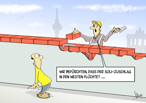 Cartoon: Flucht (medium) by Marcus Gottfried tagged brd,ddr,flucht,bau,mauerbau,mauer,ost,west,solidaritätszuschlag,soli,unterstützung,berlin,teilung,trennung,geld,aufbau,reparatur