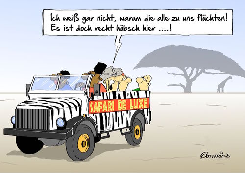 Cartoon: Fluchtgrund Afrika (medium) by Marcus Gottfried tagged flucht,flüchtling,armut,reichtum,safari,übersicht,grund,entfernung,mittelmeer,afrika,europa,dritte,welt,hübsch,sonnig,marcus,gottfried,cartoon,karikatur,flucht,flüchtling,armut,reichtum,safari,übersicht,grund,entfernung,mittelmeer,afrika,europa,dritte,welt,hübsch,sonnig,marcus,gottfried,cartoon,karikatur