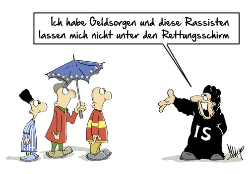 Cartoon: Geldsorgen (medium) by Marcus Gottfried tagged isis,is,islamischer,staat,geldnot,geldsorgen,rassisten,rassismus,europäische,union,eu,rettungsschirm,bank,bankenrettung,schirm,unterschlupf,griechenland,spanien,irland,währung,euro,marcus,gottfried,cartoon,karikatur,isis,is,islamischer,staat,geldnot,geldsorgen,rassisten,rassismus,europäische,union,eu,rettungsschirm,bank,bankenrettung,schirm,unterschlupf,griechenland,spanien,irland,währung,euro,marcus,gottfried,cartoon,karikatur