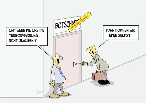 Cartoon: Glaubwuerdigkeit (medium) by Marcus Gottfried tagged glaubwürdigkeit,botschaft,terror,terrorwarnung,diplomatische,vertretung,botscjafter,abschließen,schloss,verständnis,glauben,vertrauen,bombe,glaubwürdigkeit,botschaft,terror,terrorwarnung,diplomatische,vertretung,botschafter,abschließen,schloss,verständnis,glauben,vertrauen,bombe