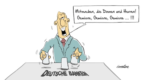 Cartoon: Glücksspiel (medium) by Marcus Gottfried tagged glücksspiel,deutsche,bank,banken,hütchen,spielhallen,glück,pech,steuern,verbot,gesetz,abzocke,marcus,gottfried,cartoon,karikatur,glücksspiel,deutsche,bank,banken,hütchen,spielhallen,glück,pech,steuern,verbot,gesetz,abzocke,marcus,gottfried,cartoon,karikatur