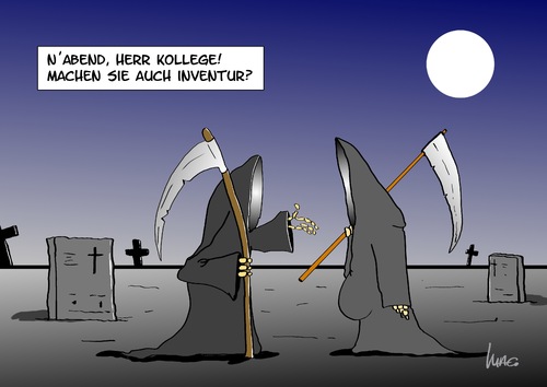 Cartoon: Inventur (medium) by Marcus Gottfried tagged inventur,zahlen,zählen,tod,sterben,friedhof,kreuz,sichel,mond,grab