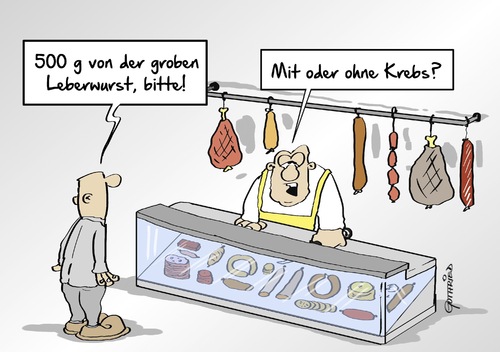 Cartoon: Leberwurst (medium) by Marcus Gottfried tagged wurst,krebs,fleisch,metzger,metzgerei,krankheit,cancer,mit,ohne,genuss,marcus,gottfried,cartoon,karikatur,wurst,krebs,fleisch,metzger,metzgerei,krankheit,cancer,mit,ohne,genuss,marcus,gottfried,cartoon,karikatur