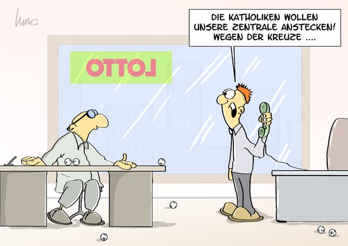 Cartoon: Lotto (medium) by Marcus Gottfried tagged lotto,zentrale,glücksspiel,los,ziehung,gewinn,lottoschein,kreuz,glaube,katholiken,katholisch,evangelisch,kirche,brand,anstecken,anschlag,demonstration