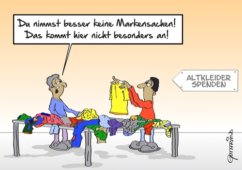 Cartoon: Markensachen (medium) by Marcus Gottfried tagged flüchtlinge,einkleidung,kleidung,kleiderkammer,spende,asyl,asylant,marke,preis,vorurteil,hilfe,freude,marcus,gottfried,cartoon,karikatur,flüchtlinge,einkleidung,kleidung,kleiderkammer,spende,asyl,asylant,marke,preis,vorurteil,hilfe,freude,marcus,gottfried,cartoon,karikatur