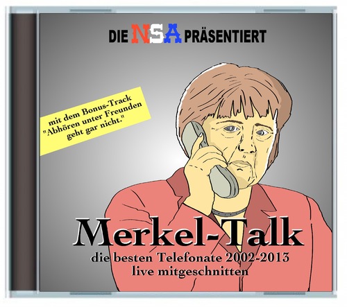 Cartoon: Merkel CD (medium) by Marcus Gottfried tagged merkel,nsa,abhörskandal,skandal,präsentation,bonus,track,cd,live,mitschnitt,aufnahme,marcus,gottfried,cartoon,karikatur,usa,obama,freunde,daten,datenspeicherung