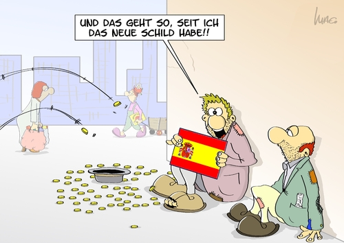 Cartoon: Neues Schild (medium) by Marcus Gottfried tagged spanien,rettungsschirm,europa,schulden,finanzkrise,krise,madrid,geld,bettler,almosen,münzen,schild,pappschild,tafel,rechtum,armut,penner,spanien,rettungsschirm,europa,schulden,finanzkrise,krise,madrid,geld,bettler,almosen,münzen,schild,pappschild,tafel,rechtum,armut,penner