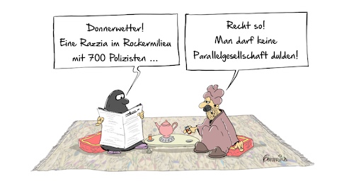 Cartoon: Razzia (medium) by Marcus Gottfried tagged ismal,moslem,glaube,gesellschaft,religion,parallel,parallelgesellschaft,tee,rocker,gangster,helle,angels,verbot,polizei,feindschaft,freundschaft,marcus,gottfried,cartoon,karikatur,ismal,moslem,glaube,gesellschaft,religion,parallel,parallelgesellschaft,tee,rocker,gangster,helle,angels,verbot,polizei,feindschaft,freundschaft,marcus,gottfried,cartoon,karikatur