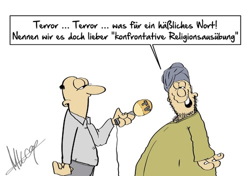 Cartoon: Religionsausübung (medium) by Marcus Gottfried tagged religion,religionsausübung,is,isis,al,qaida,angriff,glaube,wort,wortschöpfung,interview,terror,terrorwarnung,benennen,nennen,konfrontation,streit,gewalt,verschönen,marcus,gottfried,cartoon,karikatur,religion,religionsausübung,is,isis,al,qaida,angriff,glaube,wort,wortschöpfung,interview,terror,terrorwarnung,benennen,nennen,konfrontation,streit,gewalt,verschönen,marcus,gottfried,cartoon,karikatur