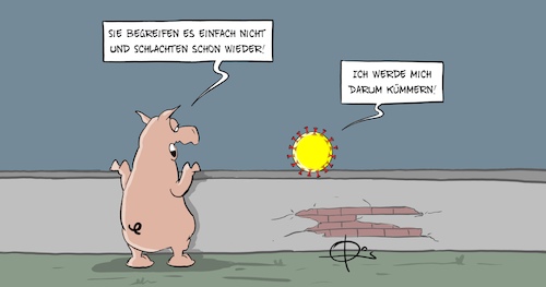 Cartoon: Schlachten (medium) by Marcus Gottfried tagged tönnies,schlachten,schwein,tierschutz,corona,infektion,spreader,superspreader,schlachthof,lockdown,tönnies,schlachten,schwein,tierschutz,corona,infektion,spreader,superspreader,schlachthof,lockdown