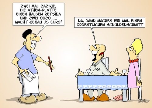 Cartoon: Schuldenschnitt (medium) by Marcus Gottfried tagged retsina,tzaziki,miese,bezahlen,rechnung,getränk,speise,essen,gast,restaurant,kellner,europa,euro,schuldenschnitt,schulden,griechenland,griechenland,schulden,schuldenschnitt,euro,europa,kellner,restaurant,gast,essen,speise,getränk,rechnung,bezahlen,miese,tzaziki,retsina