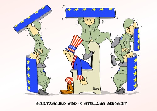 Cartoon: Schutzschild (medium) by Marcus Gottfried tagged usa,europa,nato,raketen,schutzschild,abwehr,russland,angriff,schild,schirm,verteidigung,kosten,soldat,uncle,sam,finanzen,schulden,usa,europa,nato,raketen,schutzschild,abwehr,russland,angriff,schild,schirm,verteidigung,kosten,soldat,uncle,sam,finanzen,schulden