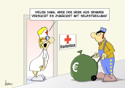 Cartoon: Selbstheilung (medium) by Marcus Gottfried tagged europa,finanzen,krise,geld,schulden,griechenland,spanien,rettungsschirm,währung,krankenhaus,klinik,notaufnahme,geldbote,ablehnung,selbstheilung,hilfe