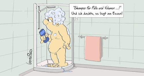 Cartoon: Shampoo (medium) by Marcus Gottfried tagged deutscher,gewicht,adipositas,dicke,übergewicht,speck,fett,shampoo,haare,fülle,volumen,deutscher,gewicht,adipositas,dicke,übergewicht,speck,fett,shampoo,haare,fülle,volumen