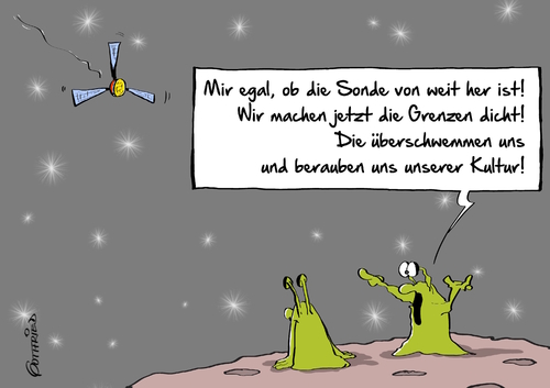 Cartoon: Sonde Juno (medium) by Marcus Gottfried tagged sonde,juno,raumfahrt,erforschung,jupiter,anflug,ausländer,flüchtlinge,schwemme,grenze,eu,europa,dicht,grenzzaun,angst,kultur,rechts,gedankengut,außerirdische,männchen,flugkörper,all,weltall,freundschaft,marcus,gottfried,cartoon,karikatur,sonde,juno,raumfahrt,erforschung,jupiter,anflug,ausländer,flüchtlinge,schwemme,grenze,eu,europa,dicht,grenzzaun,angst,kultur,rechts,gedankengut,außerirdische,männchen,flugkörper,all,weltall,freundschaft,marcus,gottfried,cartoon,karikatur