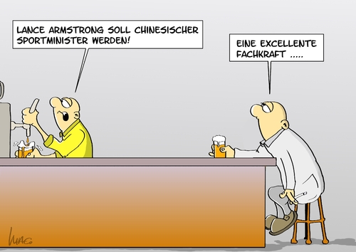 Cartoon: Sportminister (medium) by Marcus Gottfried tagged muskel,fachmann,excellent,erfahrung,wissen,ahnung,könner,spezialist,funktionär,bier,gaststätte,kneipe,toursieger,france,de,tour,rennen,fahrrad,usa,armstrong,lance,doping,china,minister,sport