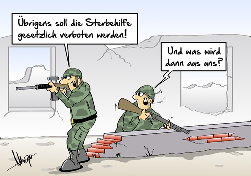 Cartoon: Sterbehilfe verbieten (medium) by Marcus Gottfried tagged sterbehilfe,soldat,sterben,tod,schuss,gewehr,pistole,gewalt,waffen,kampf,verbot,suizid,selbstmord,verlangen,gesetzlich,gesetz,zukunft,zukunftsangst,marcus,gottfried,cartoon,karikatur,sterbehilfe,soldat,sterben,tod,schuss,gewehr,pistole,gewalt,waffen,kampf,verbot,suizid,selbstmord,verlangen,gesetzlich,gesetz,zukunft,zukunftsangst,marcus,gottfried,cartoon,karikatur