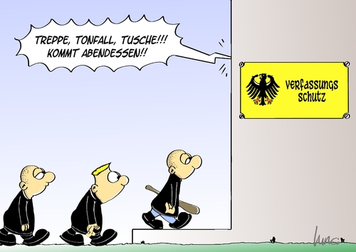 Cartoon: Treppe Tonfall Tusche (medium) by Marcus Gottfried tagged tusche,tonfall,treppe,decknamen,bundesinnenminister,friedrich,operation,rennsteig,verfassungsschutz,reißwilf,nsu,rechter,rand,neonazi,akten,aktenvernichtung,heinz,fromm