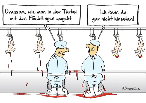 Cartoon: Umgang (medium) by Marcus Gottfried tagged flüchtlinge,türkei,abkommen,vertrag,eu,europa,syrien,umgang,grenze,schießanlagen,kampf,strom,tiere,quälerei,tierquälerei,massentierhaltung,hühner,hahn,huhn,schlachthof,kopf,köpfen,hinsehen,freude,marcus,gottfried,cartoon,karikatur,flüchtlinge,türkei,abkommen,vertrag,eu,europa,syrien,umgang,grenze,schießanlagen,kampf,strom,tiere,quälerei,tierquälerei,massentierhaltung,hühner,hahn,huhn,schlachthof,kopf,köpfen,hinsehen,freude,marcus,gottfried,cartoon,karikatur