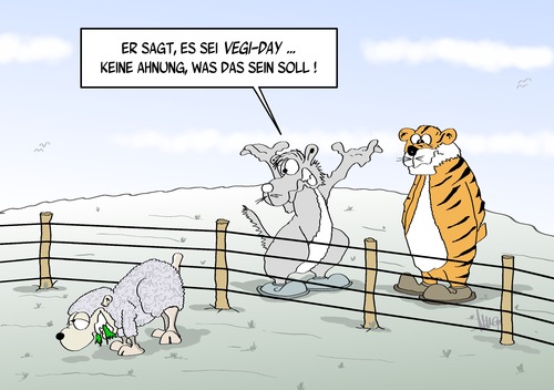 Cartoon: Vegi Day (medium) by Marcus Gottfried tagged vegi,day,vegetarier,vegetarisch,fleisch,gemüse,essen,nahrung,ernährung,tiger,wolf,schaaf,grün,grünzeug,gesundheit,feld,zaun,wiese