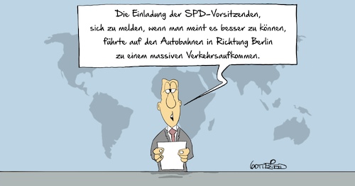 Cartoon: Verkehrsaufkommen (medium) by Marcus Gottfried tagged andrea,nahlesmberlin,spd,vorsitz,parteivorsitz,wechsel,kritik,besser,spitze,parteispitze,marcus,gottfried,andrea,nahlesmberlin,spd,vorsitz,parteivorsitz,wechsel,kritik,besser,spitze,parteispitze,marcus,gottfried