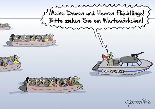 Cartoon: Wartemarke (medium) by Marcus Gottfried tagged wartemarke,flüchtlinge,lampedusa,europa,flüchtlingsstrom,ansatz,lösung,empfang,unterbringung,gast,marcus,gottfried,cartoon,karikatur,wartemarke,flüchtlinge,lampedusa,europa,flüchtlingsstrom,ansatz,lösung,empfang,unterbringung,gast,marcus,gottfried,cartoon,karikatur